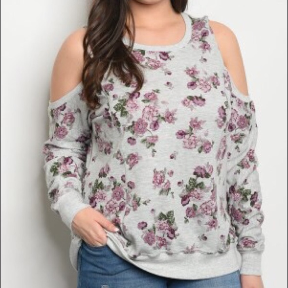 Grey Floral Open Shoulder Sweater